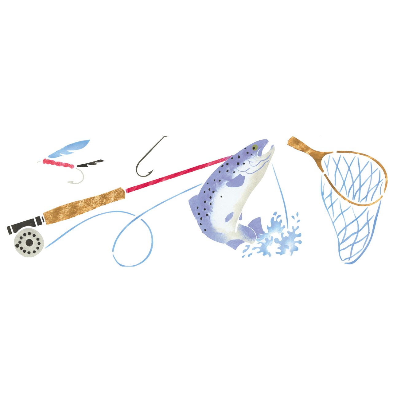 Fish, Net, Rod and Basket Wall Stencil | 030A by Designer Stencils | Outdoor Stencils | Reusable Art Craft Stencils for Painting on Walls, Canvas, Wood | Reusable Plastic Paint Stencil for Home Makeover | Easy to Use & Clean Art Stencil